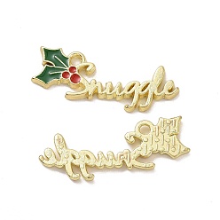 Light Gold Christmas Theme Holly Rack Plating Alloy Enamel Pendants, Word Snuggle Charms, Light Gold, 12x27x1.5mm, Hole: 1.6mm