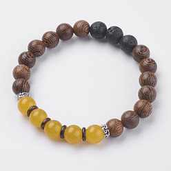 Topaz Jade Natural Lava Rock Beads Stretch Bracelets, with Wenge Wood Beads, Topaz Jade, Coconut and Alloy Finding, 2 inch(50~52mm)