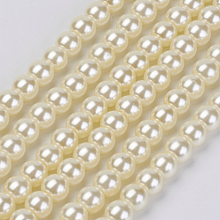 Beige Brins de perles de verre teints écologiques, Grade a, ronde, cordon en coton fileté, beige, 5mm, Trou: 1.2~1.5mm, Environ 80 pcs/chapelet, 15.7 pouce