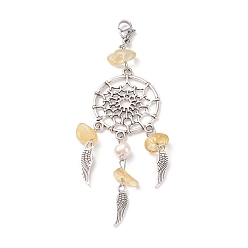 Citrine Natural Citrine Chip Pendant Decoration, Alloy Woven Net/Web with Wing Hanging Ornament, with Natural Cultured Freshwater Pearl, 304 Stainless Steel Lobster Claw Clasps, 98~100mm