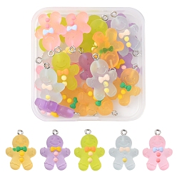 Mixed Color 20Pcs 5 Colors Christmas Transparent Resin Pendants, Frosted, with Platinum Tone Iron Loops, Gingerbread Man Charm, Mixed Color, 26x18.5x7mm, Hole: 2mm, 4pcs/color