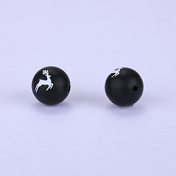 Negro Cuentas focales de silicona redondas impresas con estampado de ciervos, negro, 15x15 mm, agujero: 2 mm