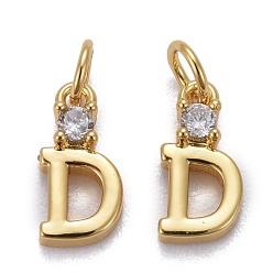 Letter D Brass Micro Pave Clear Cubic Zirconia Pendants, with Jump Rings, Real 18K Gold Plated, Long-Lasting Plated, Letter, Letter.D, 9.5x5x2mm