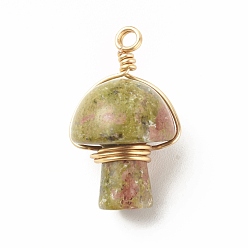 Unakite Natural Unakite Pendants, with Real 18K Gold Plated Eco-Friendly Copper Wire Wrapped, Mushroom, 28~32x16~17x16~17mm, Hole: 3mm
