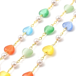 Real 18K Gold Plated Colorful Cat Eye Heart & Glass Pearl Beaded Chain, with Brass Findings, Unwelded, with Spool, Lead Free & Cadmium Free, Real 18K Gold Plated, 9x6x3mm, 5x3mm