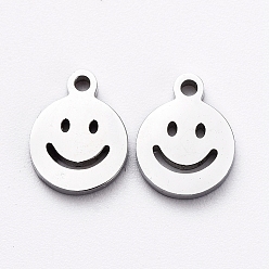 Stainless Steel Color 304 Stainless Steel Charms, Manual Polishing, Hollow, Flat Round with Smile, Stainless Steel Color, 8x6x1mm, Hole: 0.8mm