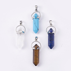 Mixed Stone Natural & Synthetic Mixed Stone Double Terminated Pointed Pendants, with Brass Findings, Bullet, Platinum, 38.5~40.5x14.5x13mm, Hole: 4x8mm