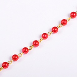 Red Handmade Round Glass Pearl Beads Chains for Necklaces Bracelets Making, with Golden Iron Eye Pin, Unwelded, Red, 39.3 inch, Bead: 6mm