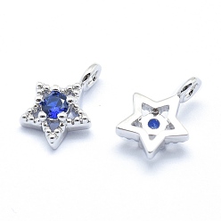 Real Platinum Plated Brass Charms, with Cubic Zirconia, Cadmium Free & Nickel Free & Lead Free, Star, Blue, Real Platinum Plated, 11x7.5x4mm, Hole: 2mm