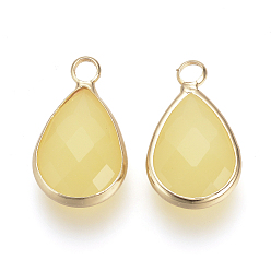 Champagne Yellow Glass Pendants, with Brass Findings, Faceted, Drop, Light Gold, Champagne Yellow, 22x13.5x6mm, Hole: 1.8~2.3mm