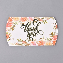White Paper Pillow Boxes, Gift Candy Packing Box, Flower Pattern & Word Thank You, White, Box: 12.5x7.6x1.9cm, Unfold: 14.5x7.9x0.1cm