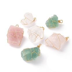 Mixed Stone Rough Raw Natural Fluorite & Quartz Crystal & Rose Quartz Pendants, with Golden Copper Wire, Nuggets, 34~55x27~41x17.5~21mm, Hole: 3~4.5x4~5mm