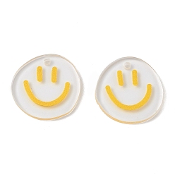 Yellow Transparent Printed Acrylic Pendants, Flat Round with Smiling Face Charm, Yellow, 20.5~21x20~21x2mm, Hole: 1.6mm