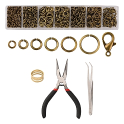 Antique Bronze DIY Jewelry Making Finding Kit, Including Brass Jump Rings & Open Jump Rings, Zinc Alloy Lobster Claw Clasps, Tweezers, Pliers, Antique Bronze, 1182Pcs/bag
