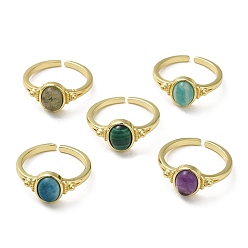Mixed Stone Natural Mixed Gemstone Oval Open Cuff Rings, Golden Brass Finger Ring, Cadmium Free & Lead Free, US Size 7(17.3mm)