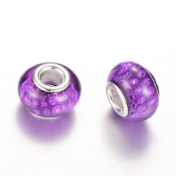 Blue Violet Resin European Beads, Large Hole Beads, with Silver Color Plated Brass Cores, Rondelle, Blue Violet, 14x9~9.5mm, Hole: 5mm