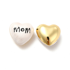 White Brass Enamel Beads, Real 18K Gold Plated, Long-Lasting Plated, Heart with Word Mom, White, 17.5x18x10mm, Hole: 2mm