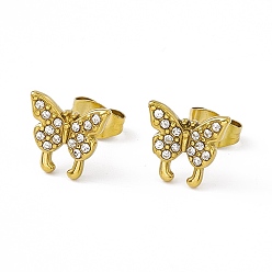 Golden Crystal Rhinestone Butterfly Stud Earrings, Vacuum Plating 304 Stainless Steel Jewelry for Women, Golden, 9x10mm, Pin: 0.8mm