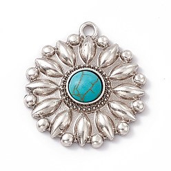 Antique Silver Synthetic Turquoise Half Round Pendants, Flower Charms, with Rack Plating Alloy Findings, Antique Silver, 34x30x6mm, Hole: 3mm