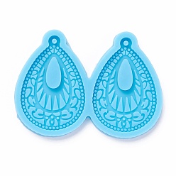 Sky Blue DIY Pendant Silicone Molds, for Earring Making, Resin Casting Molds, For UV Resin, Epoxy Resin Jewelry Making, Teardrop with Flower, Sky Blue, 47x64x5mm, Hole: 2mm, Inner Diameter: 40x28mm