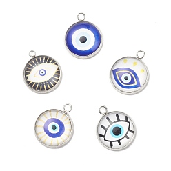 Stainless Steel Color Luminous Glass Pendants, with 304 Stainless Steel Findings, Flat Round with Evil Eye Pattern, Stainless Steel Color, 18.5x15.5x5mm, Hole: 1.6mm