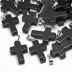 Black Agate Dyed Natural Black Agate Pendants, with Stainless Steel Snap On Bails, Cross, 29~30x18~19x5~6mm, Hole: 6x4mm