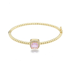 Pink Cubic Zirconia Square Hinged Bangle, Real 18K Gold Plated Brass Jewelry for Women, Pink, Inner Diameter: 2x2-3/8 inch (4.95x5.9cm)