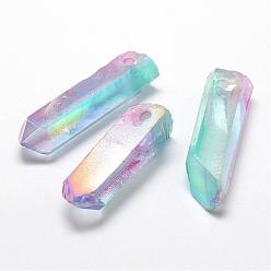 AB Color Plated Electroplate Natural Quartz Crystal Pendants, Faceted, Nuggets, AB Color Plated, 47~55x14~16x10~16mm, Hole: 3mm