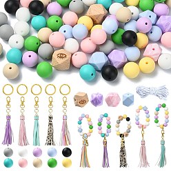 Couleur Mélangete Kit de fabrication de porte-clés à pompon et perles en silicone, bricolage, couleur mixte, 15mm, Trou: 2mm