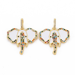 White Brass Micro Pave Colorful Cubic Zirconia Pendants, with Enamel, Nickel Free, Real 18K Gold Plated, Elephant, White, 23x24x2mm, Hole: 7x3.5mm