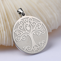Stainless Steel Color Flat Round with Tree of Life 304 Stainless Steel Pendants, Stainless Steel Color, 33x29.8x2mm, Hole: 3x7mm