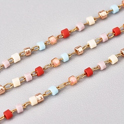 Red Handmade Glass Seed Beaded Chains, with Stainless Steel Cable Chains, Unwelded, with Spool, Golden, Red, 1~2x0.9~1.5mm, about 26.24 Feet(8m)/roll