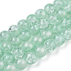 Honeydew Translucent Crackle Glass Beads Strands, with Glitter Powder, Round, Honeydew, 8x7.5mm, Hole: 1mm, about 100~105Pcs/strand, 31.50 inch~33.07 inch(80cm~84cm)
