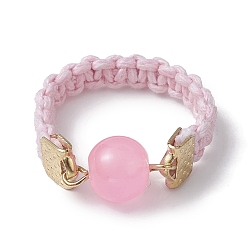 Pink Glass Round Ball Braided Bead Style Finger Ring, with Waxed Cotton Cords, Pink, Inner Diameter: 18mm
