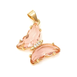 PeachPuff Glass Pendants, with Brass Clear Micro Pave Cubic Zirconia, Butterfly, Golden, PeachPuff, 24x21x4mm, Hole: 5.5x3.5mm