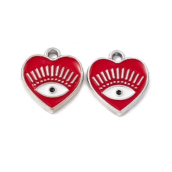 FireBrick Alloy Enamel Pendants, Platinum, Heart with Eye Charm, FireBrick, 14.5x13x1.5mm, Hole: 1.6mm