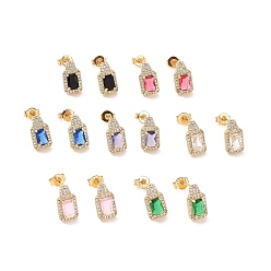 Mixed Color Cubic Zirconia Rectangle Stud Earrings, Real 18K Gold Plated Brass Jewelry for Women, Cadmium Free & Nickel Free & Lead Free, Mixed Color, 16x7x4mm, Pin: 0.6mm