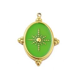 Lime Green 304 Stainless Steel Pendants, with Enamel, Oval with Star Charm, Golden, Lime Green, 24x18x2mm, Hole: 1.4mm