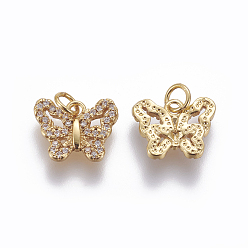 Golden Brass Micro Pave Cubic Zirconia Charms, Butterfly, Clear, Golden, 10x12.5x2mm, Hole: 3mm