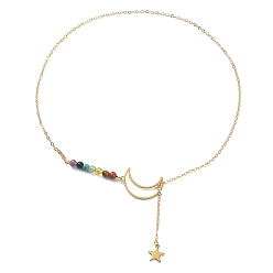 Golden Alloy Moon & Star Lariat Necklace, Natural & Synthetic Mixed Stone Beaded Stainless Steel Necklace, Golden, 18.39 inch(46.7cm)