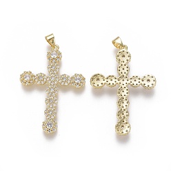Real 18K Gold Plated Brass Micro Pave Cubic Zirconia Pendants, Cross, Clear, Real 18K Gold Plated, 39.5x27x3.5mm, Hole: 3x4.5mm