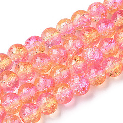 Hot Pink Two-Tone Crackle Baking Painted Transparent Glass Beads Strands, Round, Hot Pink, 8mm, Hole: 1.5mm, about 108~110pcs/strand, 30.71 inch~31.50 inch(78~80cm)