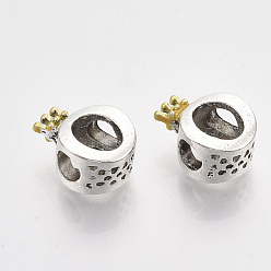 Antique Silver Alloy European Beads, with Light Yellow Enamel, Large Hole Beads, Crown, Antique Silver, 14.5x10.5x7mm, Hole: 4.5mm