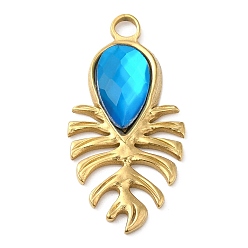 Dodger Blue Real 18K Gold Plated 304 Stainless Steel Pendants, with Glass, Leaf Charms, Dodger Blue, 30x15x4~5.5mm, Hole: 2.5mm