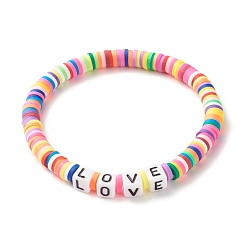 Colorful Love Word Acrylic Beads Stretch Bracelet, Handmade Polymer Clay Heishi Beads Surfering Bracelet for Girl Women, Colorful, Inner Diameter: 2-1/4 inch(5.8cm)