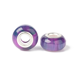 Violet Foncé Résine rondelle perles européennes, Perles avec un grand trou   , pierres d'imitation, laiton avec ton argent noyaux doubles, violet foncé, 13.5x8mm, Trou: 5mm