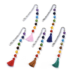 Mixed Color Chakra Jewelry, Alloy Bookmarks, with Natural/Synthetic Gemstone Beads, Cotton Thread Tassels, Mixed Color, 146x14.5mm