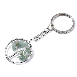 Green Aventurine Natural Green Aventurine Chips Chakra Keychain, with Platinum Plated Stainless Steel Split Key Rings, Flat Round with Tree, 90mm