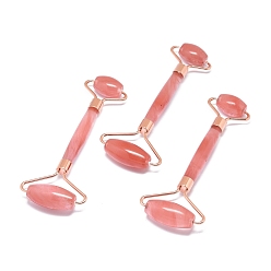 Cherry Quartz Glass Cherry Quartz Glass Massage Tools, Facial Rollers, with Brass Findings, for Face, Eyes, Neck, Body Muscle Relaxing, Rose Gold, 137x39~59mm