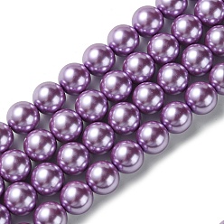 Средний Фиолетовый Круглые бусины из экологически чистого окрашенного стекла с жемчугом, класс А, хлопковый шнур , средне фиолетовый, 12 мм, отверстие : 0.7~1.1 мм, около 34 шт / нитка, 15 дюйм